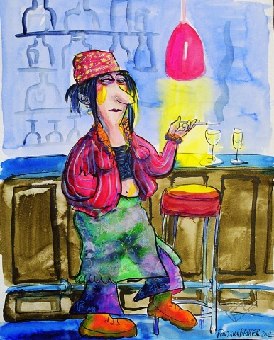 An der Bar, 2002 (Aquarell, Acryl + Buntstift auf Papier)