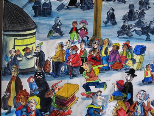 OLD EUROPE - NEW WORLD, 2007 ,Detail;Tusche, Feder,Acryl, Buntstift, Collage auf Leinwand