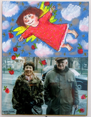 LORE  &  MEIN VATER, (zum 90. Geb.),Januar 2011/ Foto, Acryl, Feder & Tusche, Buntstift auf Leinwand