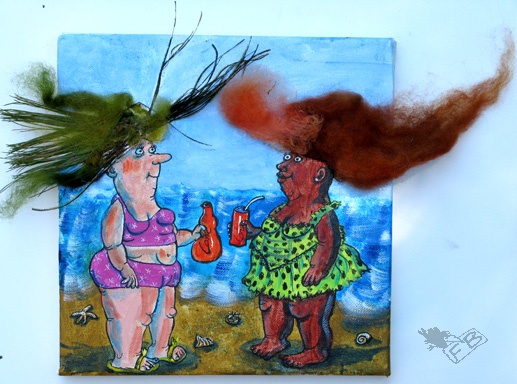 Beach Beauties- XXXL/USA, 2012, Feder und Tusche, Acryl, Piniennadeln, Pfauenfedern und Wolle auf Leinwand