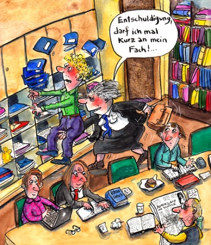 Oberstudienrtin Schwesterle im Lehrerinnenzimmer/ Cartoon fuer  "Erziehung & Wissenschaft"